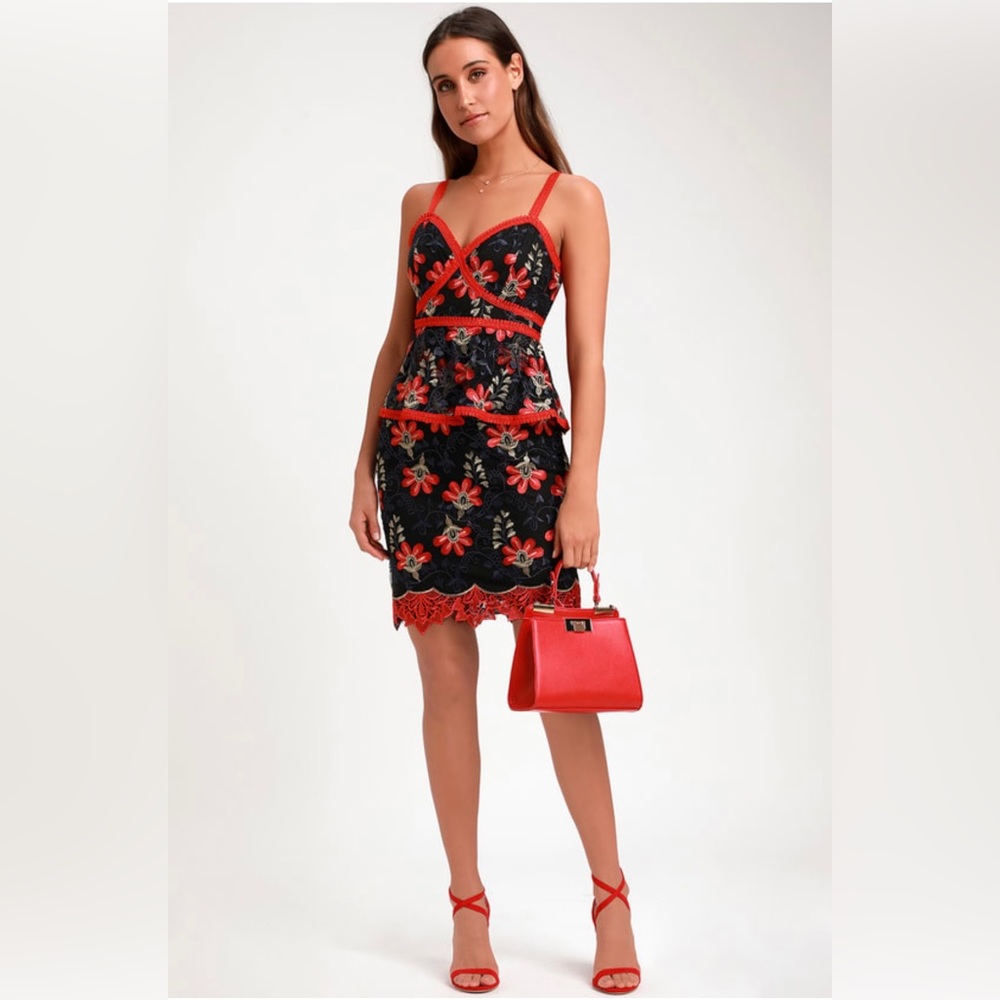 NWT - Black/Red Embroidered Floral Peplum Dress: Size M